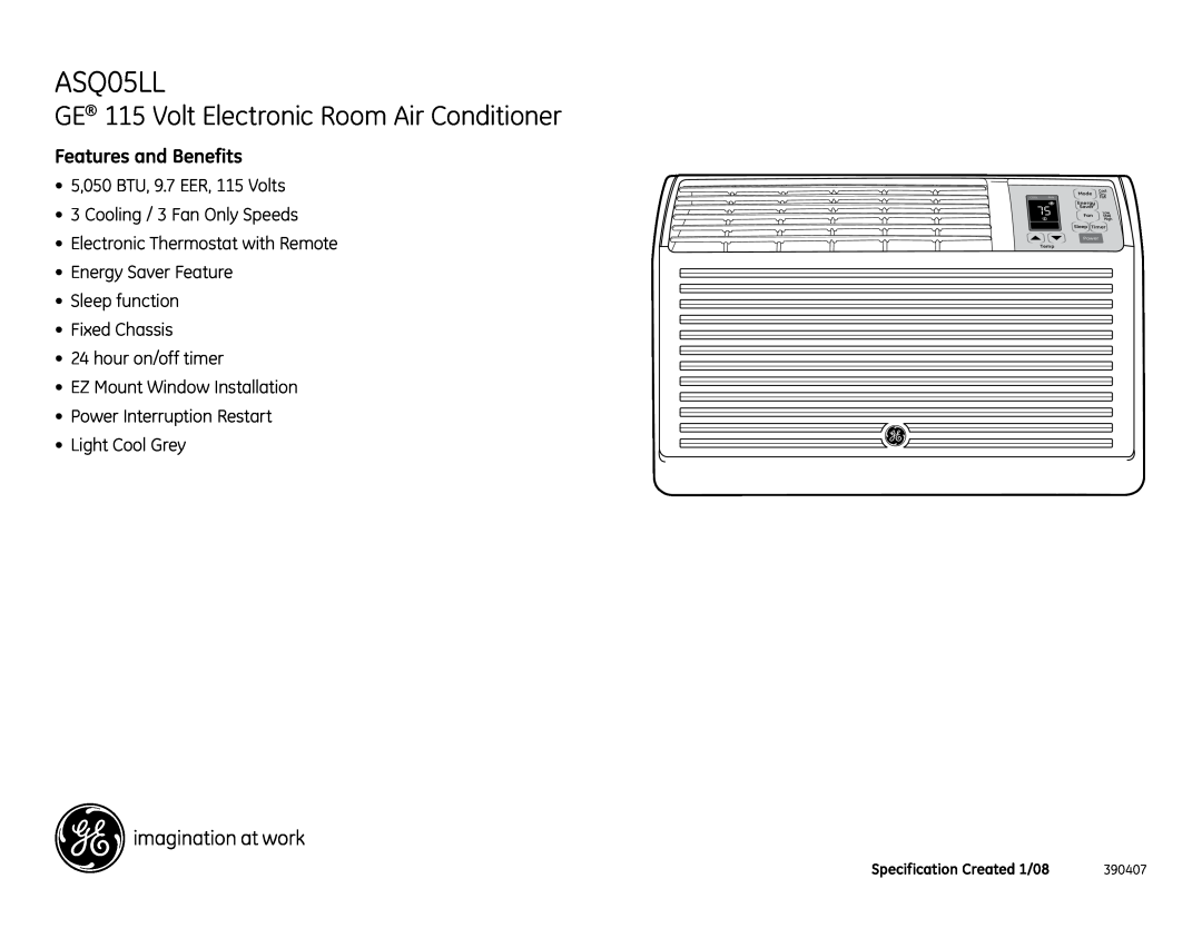 GE ASQ05LL dimensions GE 115 Volt Electronic Room Air Conditioner, Features and Benefits 