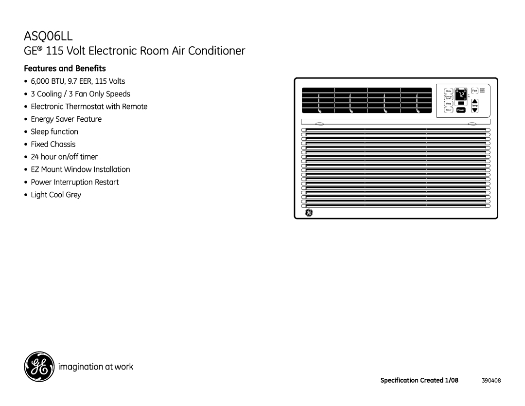 GE ASQ06LL GE 115 Volt Electronic Room Air Conditioner, Features and Benefits, 6,000 BTU, 9.7 EER, 115 Volts, 390408, Mode 
