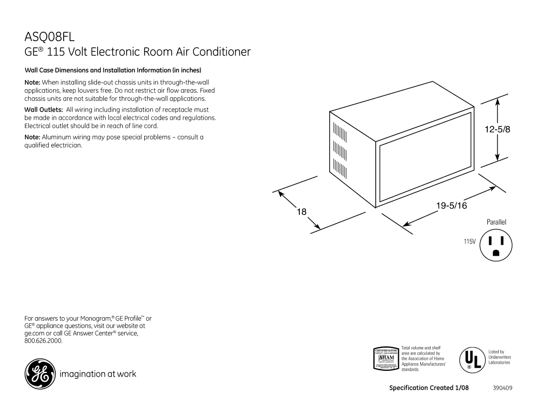 GE ASQ08FL dimensions GE 115 Volt Electronic Room Air Conditioner, 12-5/8 19-5/16, Parallel 