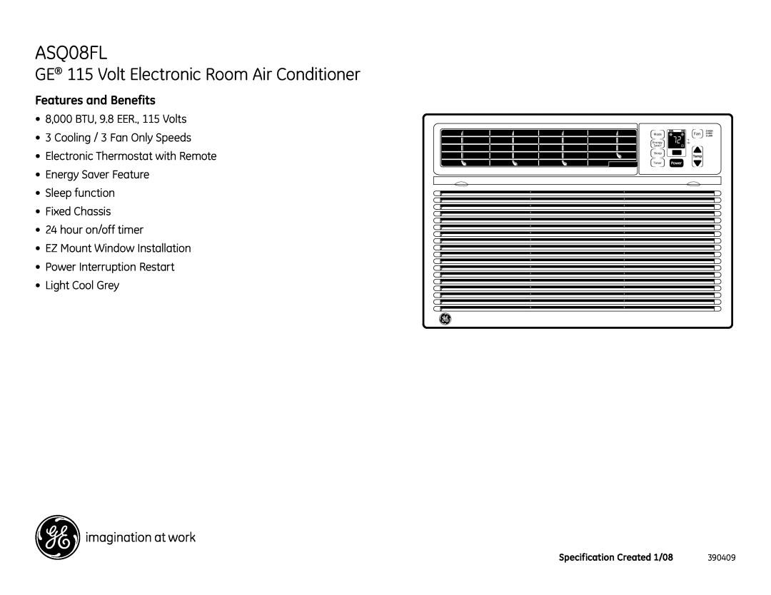 GE ASQ08FL GE 115 Volt Electronic Room Air Conditioner, Features and Benefits, 8,000 BTU, 9.8 EER., 115 Volts, 390409 