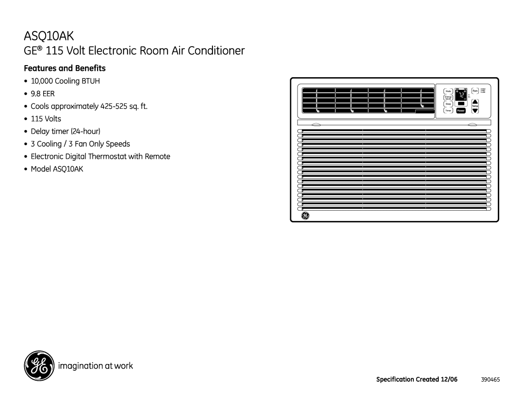 GE GE 115 Volt Electronic Room Air Conditioner, Features and Benefits, 10,000 Cooling BTUH 9.8 EER, Model ASQ10AK 