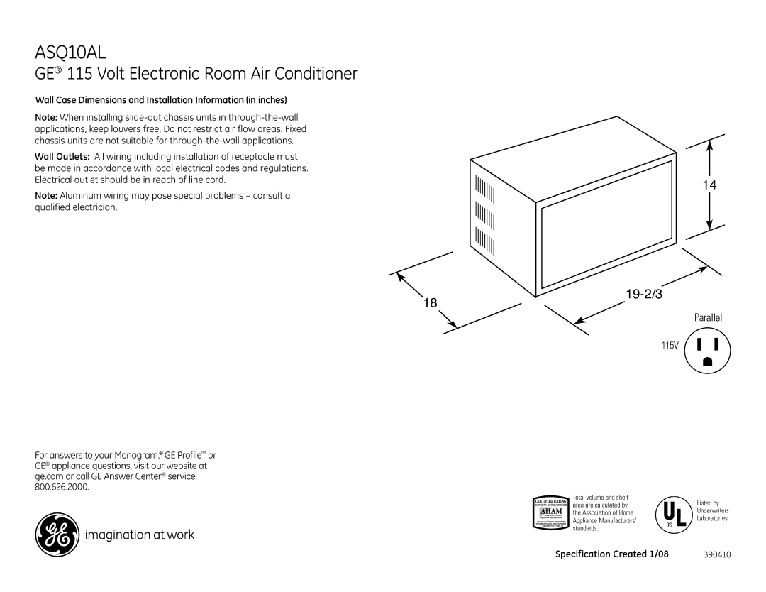 GE ASQ10AL dimensions GE 115 Volt Electronic Room Air Conditioner, 19-2/3, Parallel 