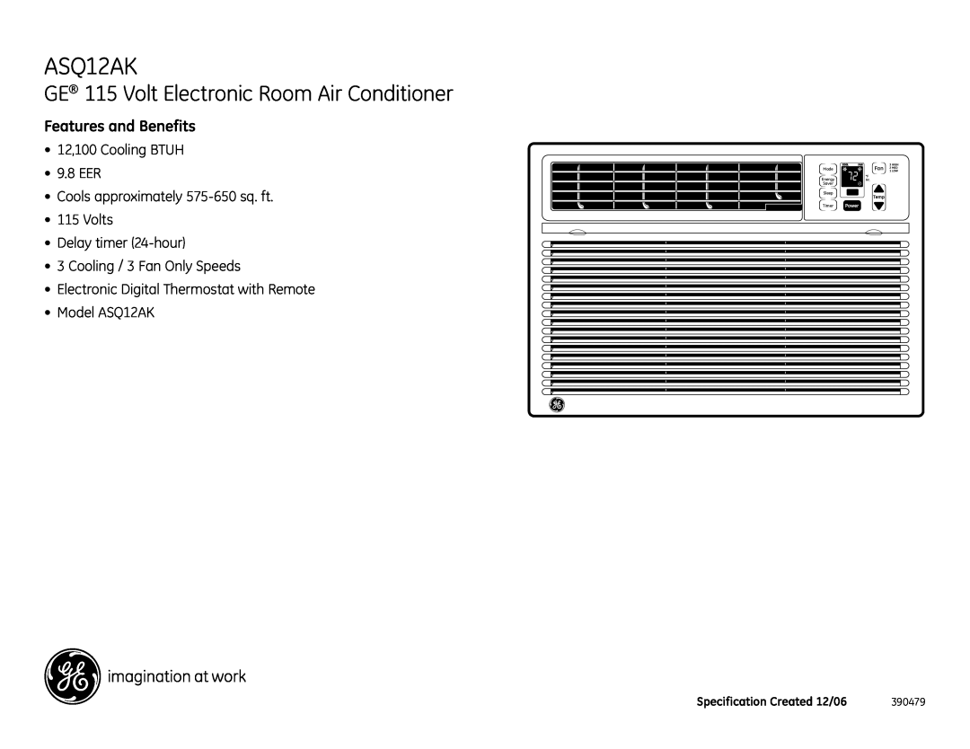 GE GE 115 Volt Electronic Room Air Conditioner, Features and Benefits, 12,100 Cooling BTUH 9.8 EER, Model ASQ12AK 