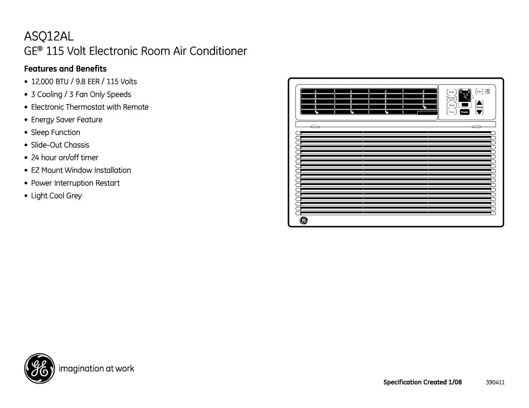 GE ASQ12AL GE 115 Volt Electronic Room Air Conditioner, Features and Benefits, 12,000 BTU / 9.8 EER / 115 Volts, 390411 