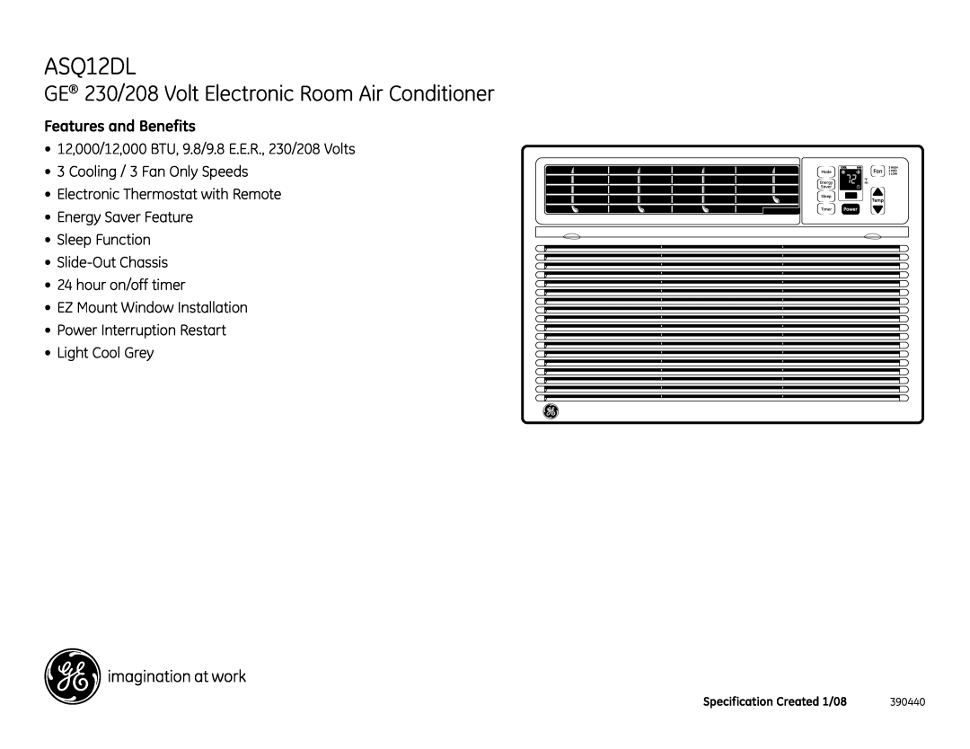GE ASQ12DL GE 230/208 Volt Electronic Room Air Conditioner, Features and Benefits, Cooling / 3 Fan Only Speeds, 390440 