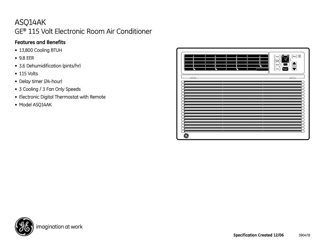 GE ASQ14AK GE 115 Volt Electronic Room Air Conditioner, Features and Benefits, •13,800 Cooling BTUH •9.8 EER, 390478, Mode 