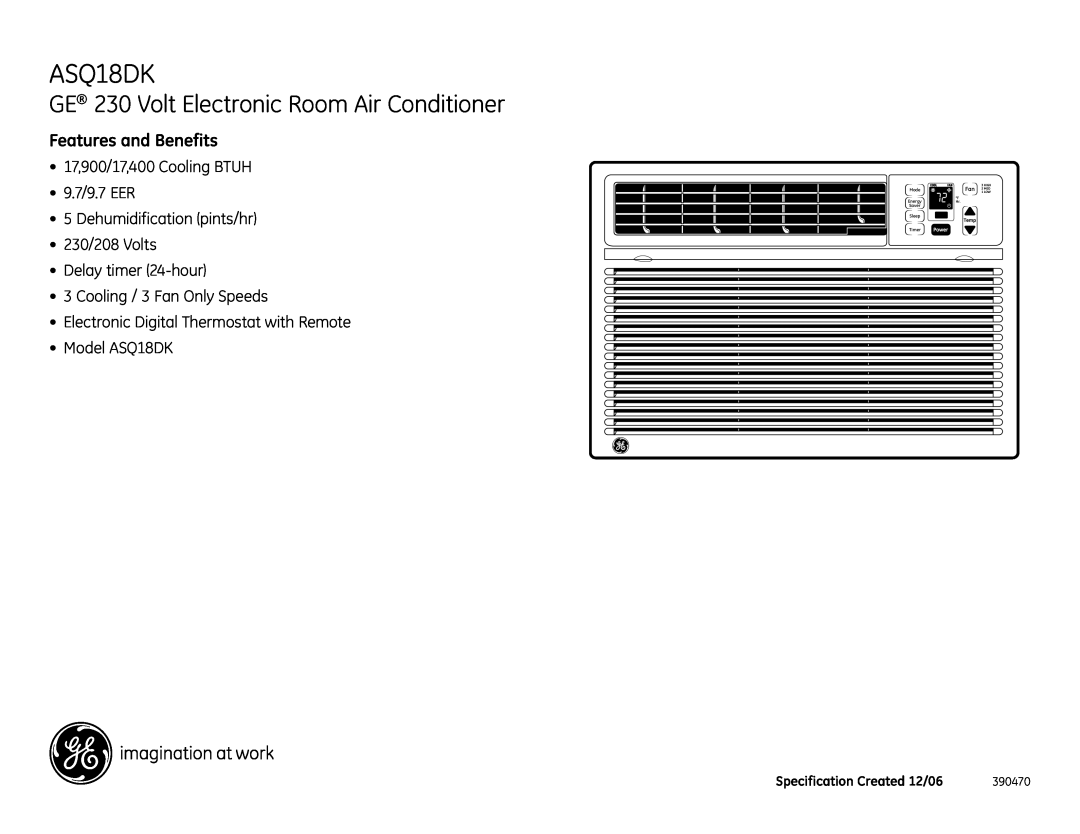 GE ASQ18DK GE 230 Volt Electronic Room Air Conditioner, Features and Benefits, 17,900/17,400 Cooling BTUH 9.7/9.7 EER 