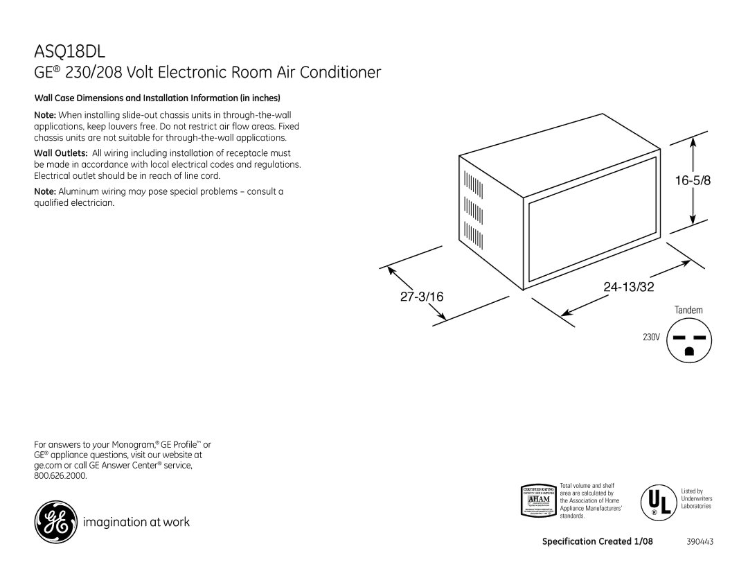 GE ASQ18DL dimensions GE 230/208 Volt Electronic Room Air Conditioner, 27-3/16 16-5/8 24-13/32, Tandem 