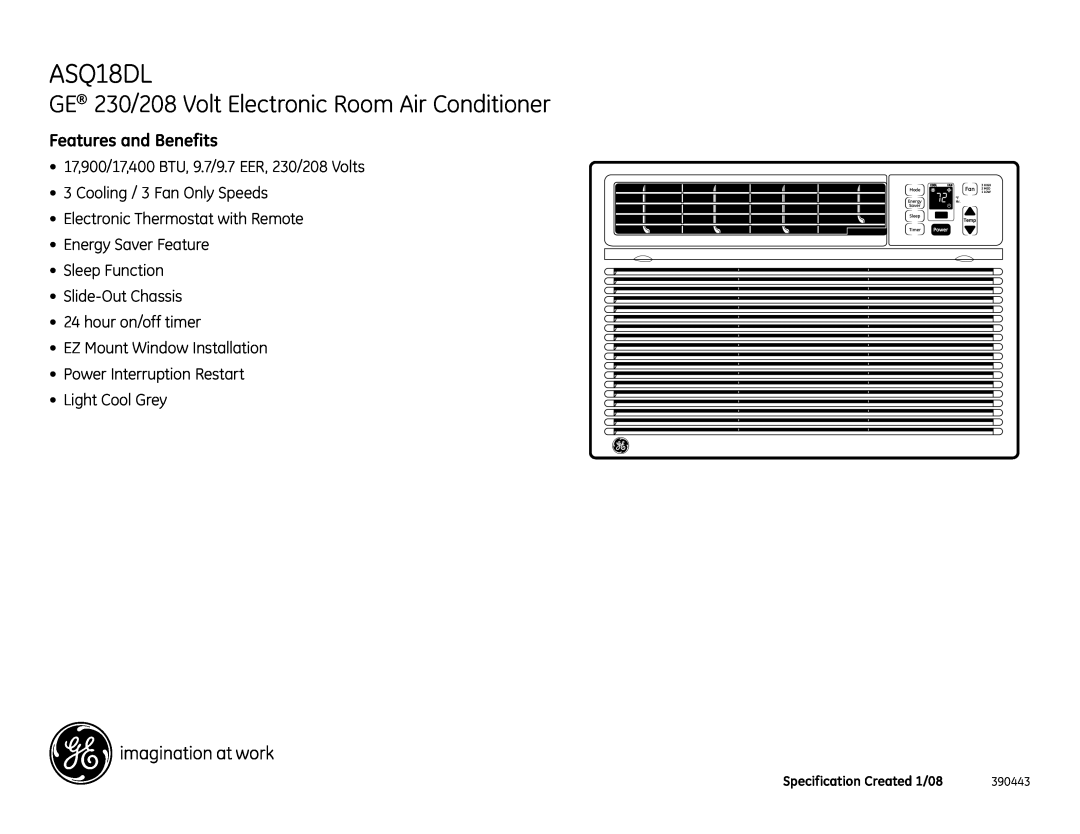 GE ASQ18DL GE 230/208 Volt Electronic Room Air Conditioner, Features and Benefits, Cooling / 3 Fan Only Speeds, 390443 