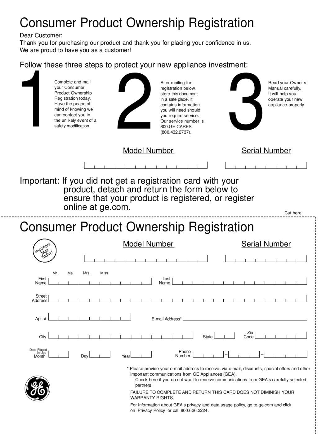 GE ASQ28 owner manual Consumer Product Ownership Registration 