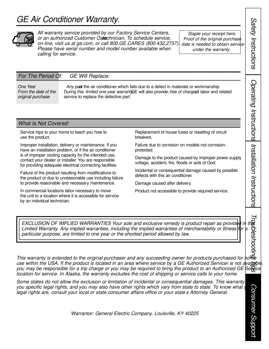 GE ASQ28 owner manual GE Air Conditioner Warranty, GE Will Replace, What Is Not Covered 