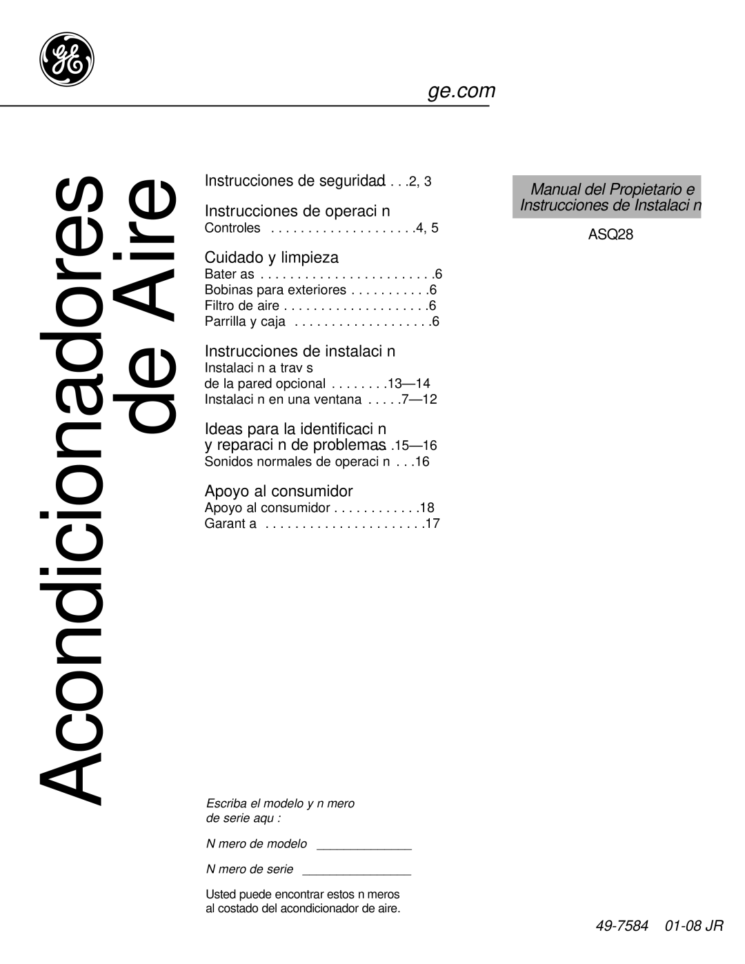 GE ASQ28 owner manual Acondicionadores de Aire 