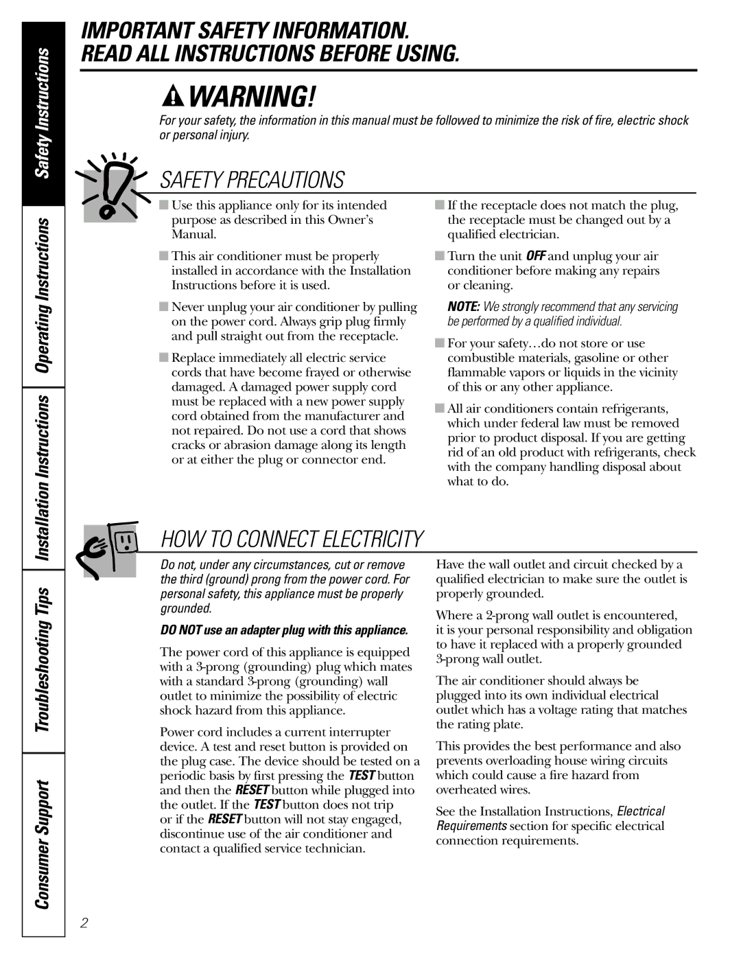 GE ASQ28 owner manual Safety Precautions, Do not use an adapter plug with this appliance 