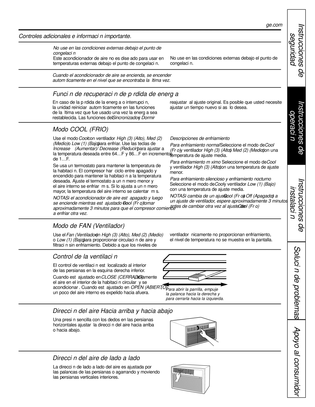 GE ASQ28 Función de recuperación de pérdida de energía, Modo Cool Frio, Modo de FAN Ventilador, Control de la ventilación 