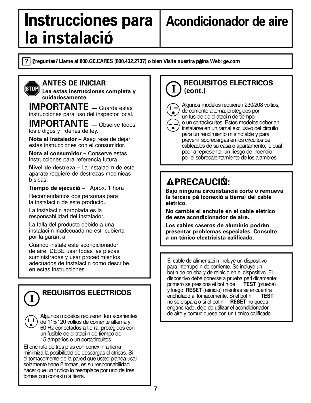 GE ASQ28 owner manual Antes DE Iniciar, Requisitos Electricos 