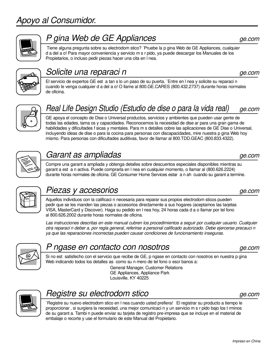 GE ASQ28 owner manual Apoyo al Consumidor Página Web de GE Appliances, Solicite una reparación, Garantías ampliadas 