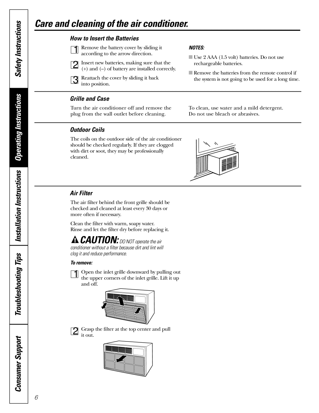 GE ASQ28 Care and cleaning of the air conditioner, How to Insert the Batteries, Grille and Case, Outdoor Coils, Air Filter 