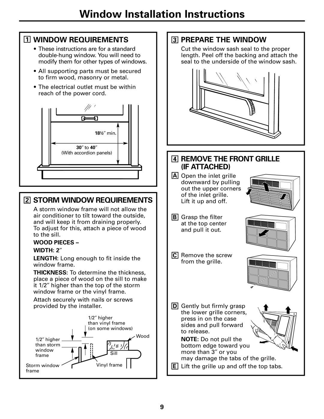 GE ASQ28 owner manual Storm Window Requirements, Prepare the Window, Remove the Front Grille if Attached 