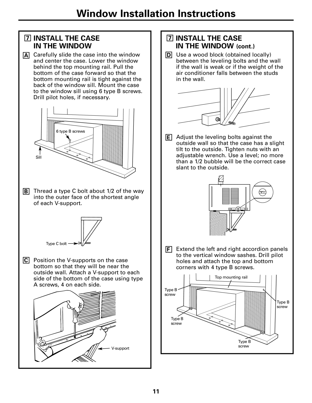 GE ASQ28 owner manual 7INSTALL THE CASE IN THE WINDOW cont, Window Installation Instructions 