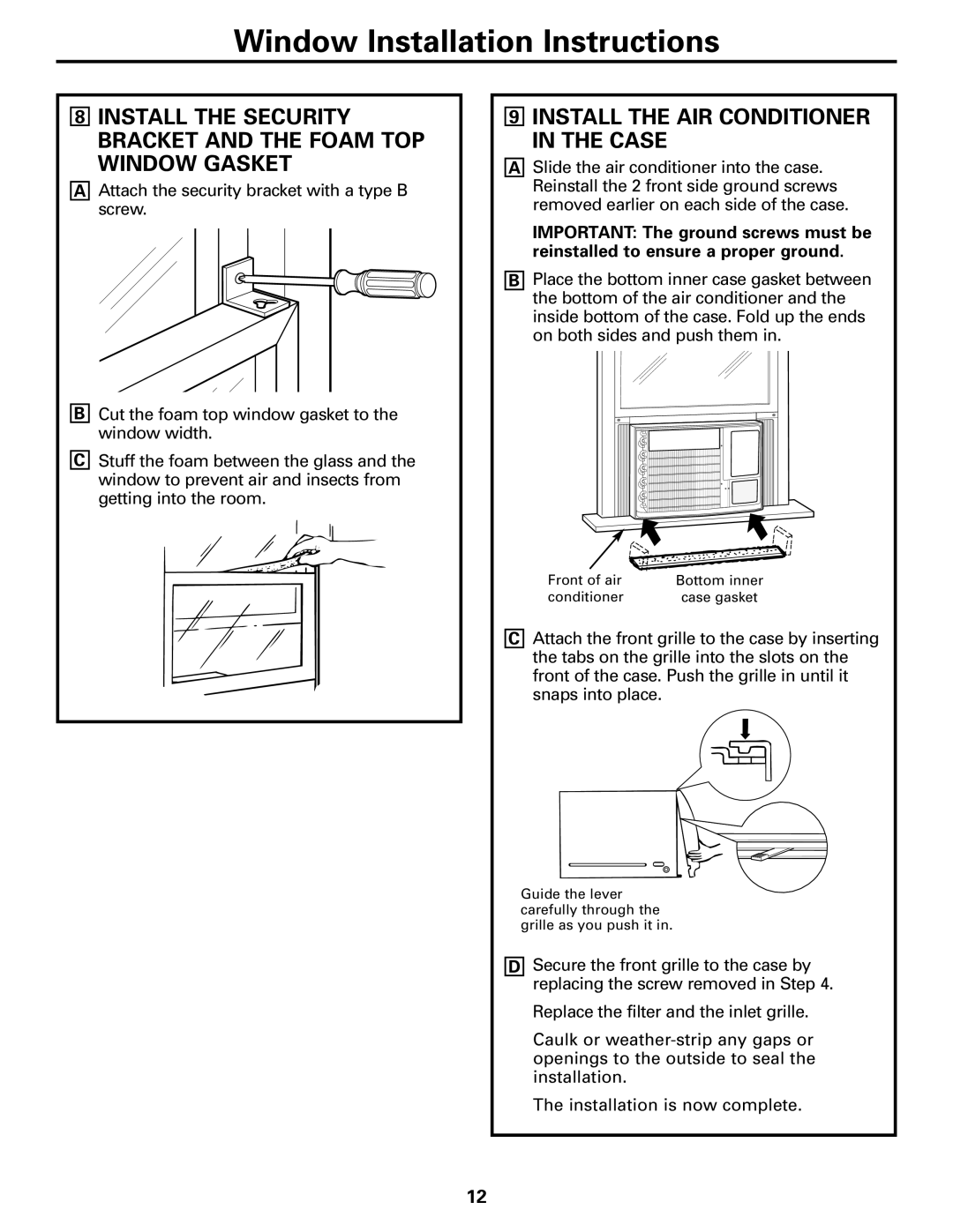 GE ASQ28 owner manual 9INSTALL THE AIR CONDITIONER IN THE CASE, Window Installation Instructions 