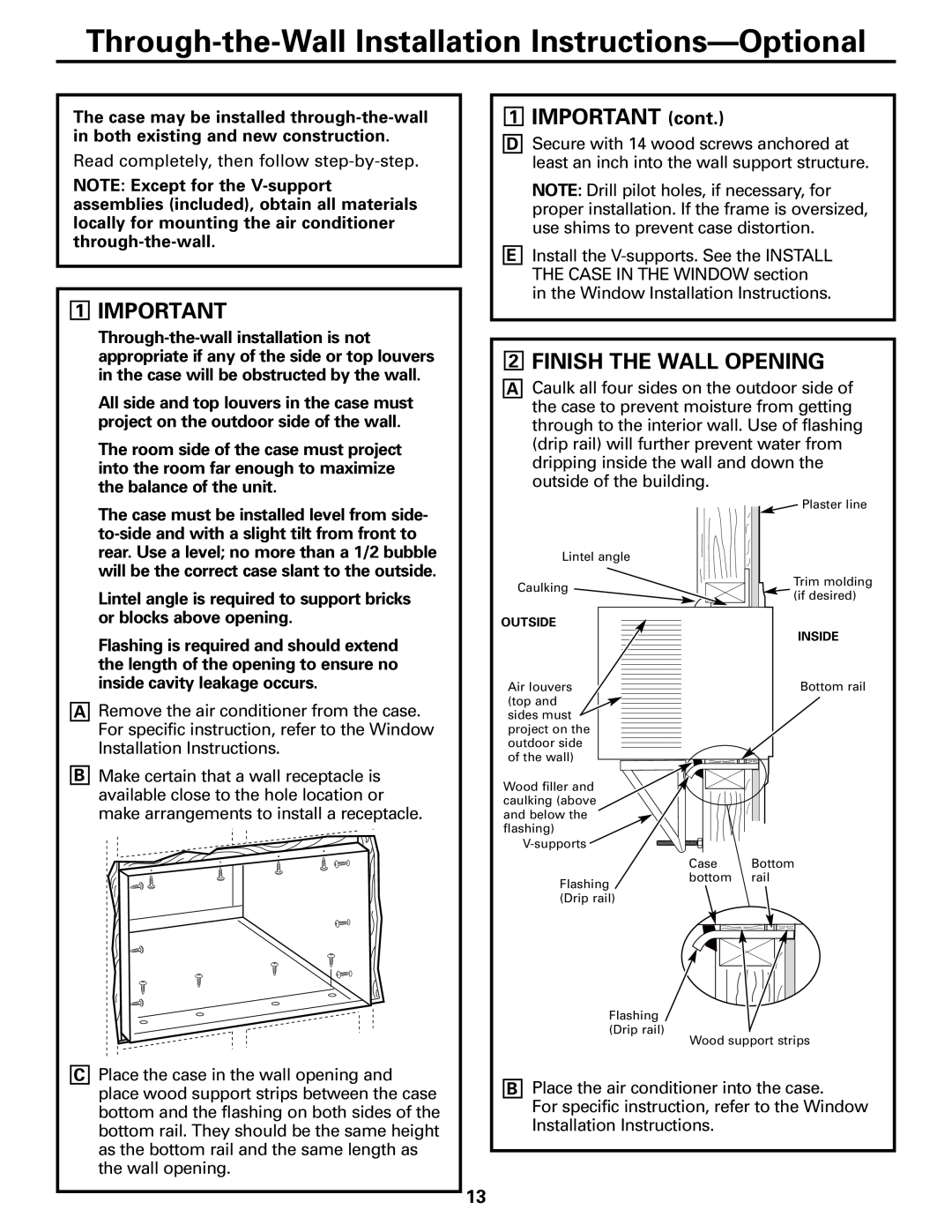 GE ASQ28 owner manual 1IMPORTANT cont, 2FINISH THE WALL OPENING 