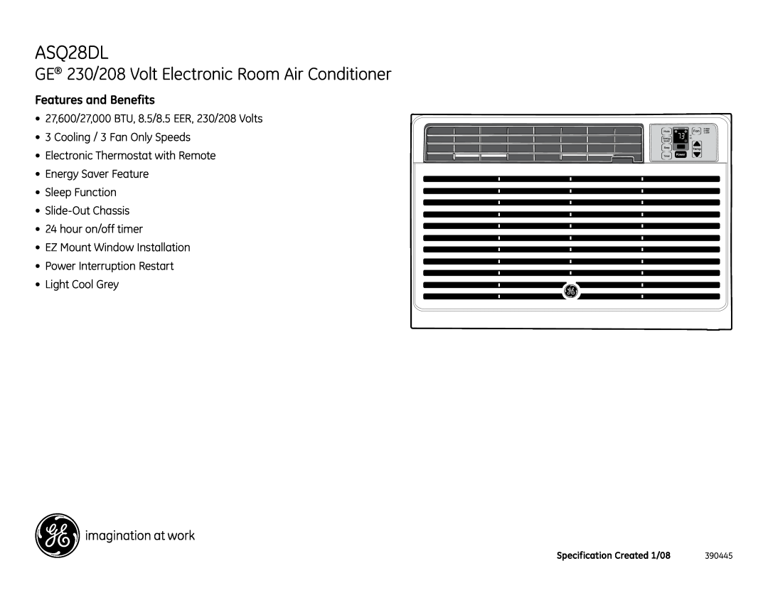 GE ASQ28DL dimensions GE 230/208 Volt Electronic Room Air Conditioner, Features and Benefits 