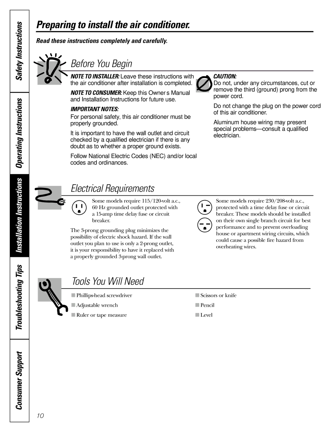 GE ASR05 Preparing to install the air conditioner, Read these instructions completely and carefully 