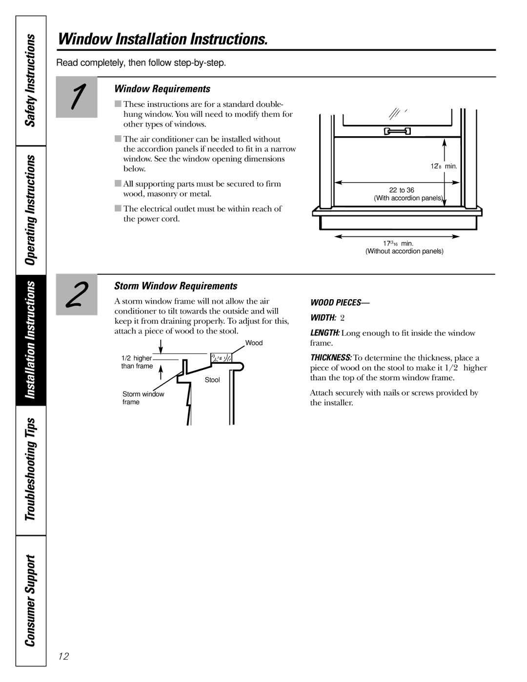 GE ASR05 installation instructions Operating Instructions Safety, Storm Window Requirements 