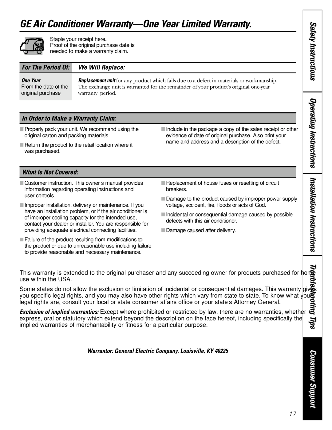 GE ASR05 GE Air Conditioner Warranty-One Year Limited Warranty, We Will Replace, Order to Make a Warranty Claim 