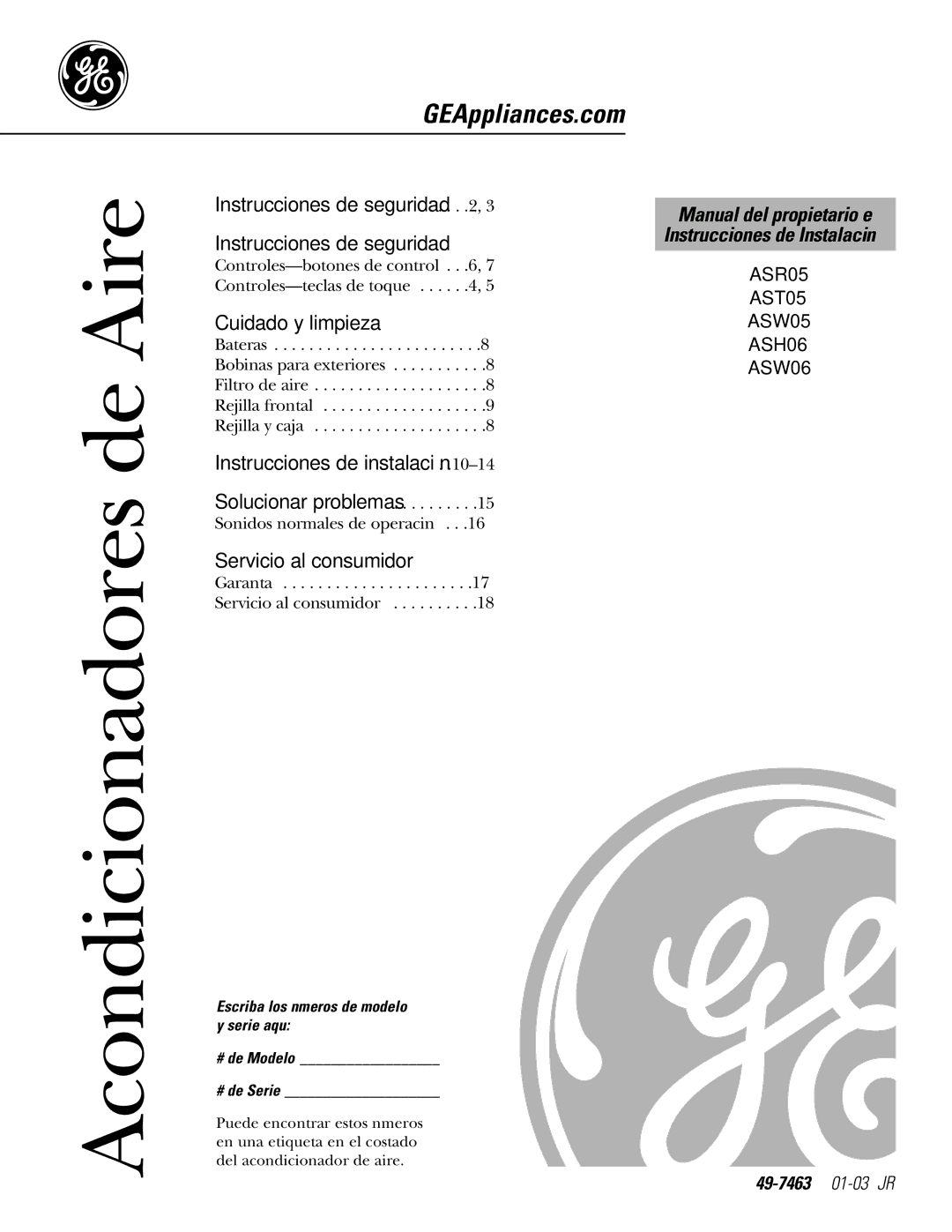 GE ASR05 installation instructions Acondicionadores de Aire 