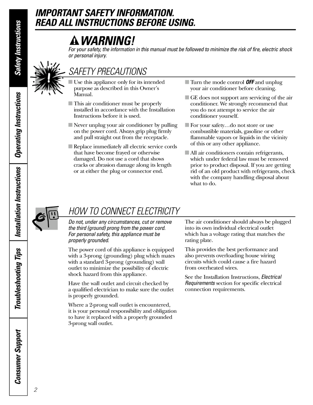 GE ASR05 installation instructions Safety Precautions 