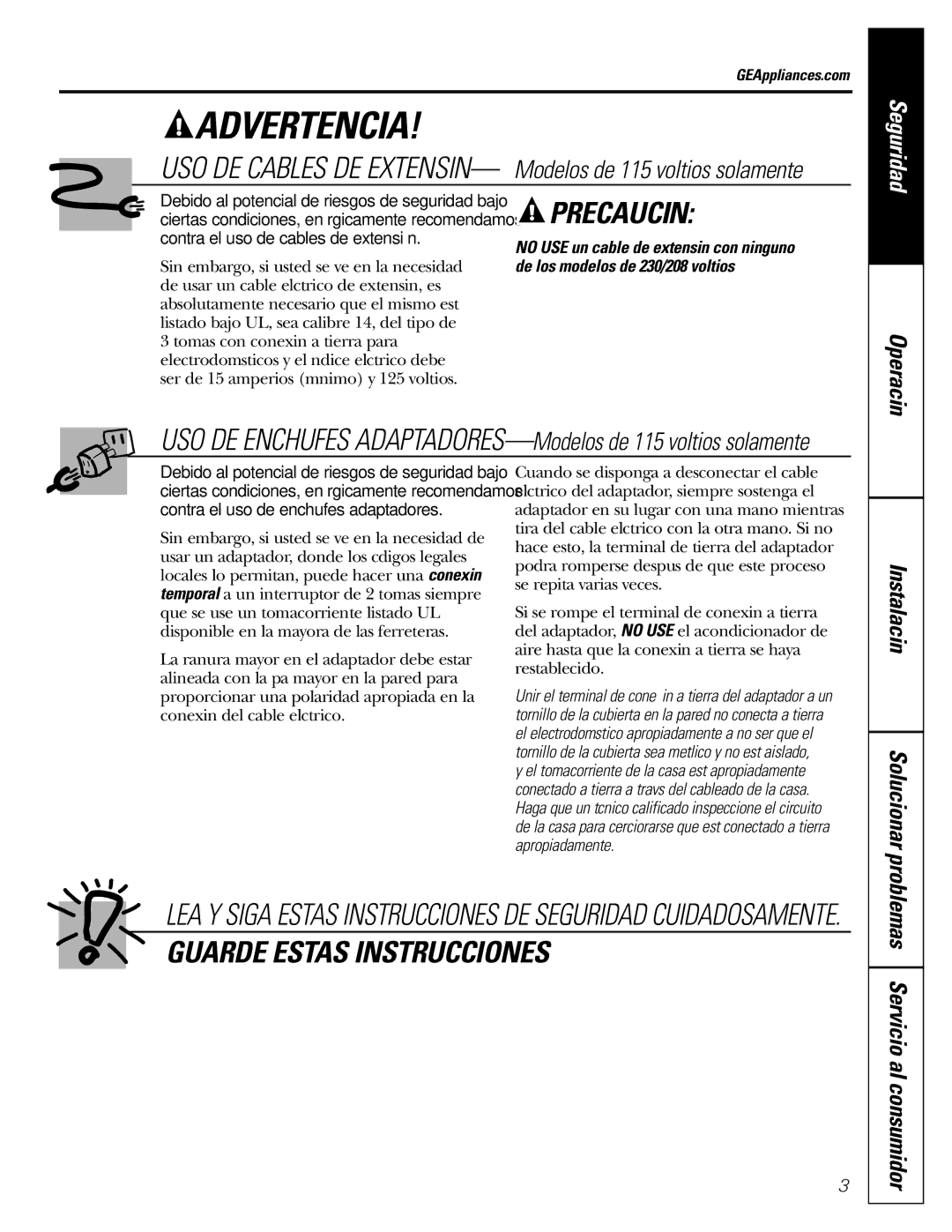 GE ASR05 installation instructions Precaución 