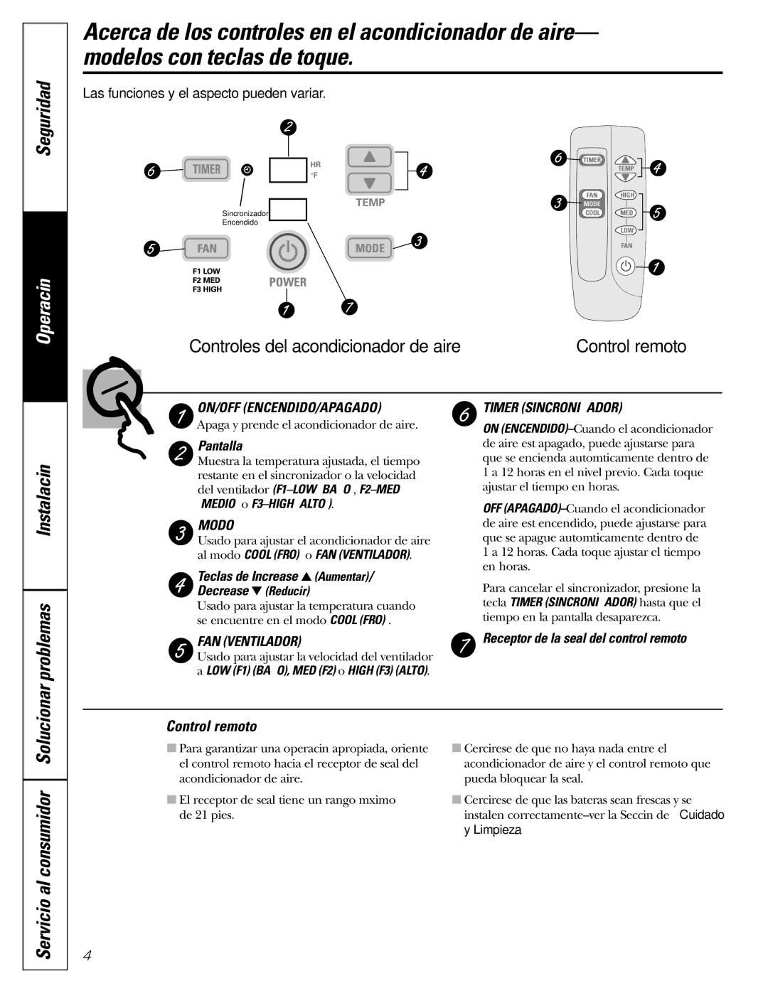 GE ASR05 Seguridad, Servicio al consumidor Solucionar problemas, Control remoto, LOW F1 BAJO, MED F2 o High F3 Alto 