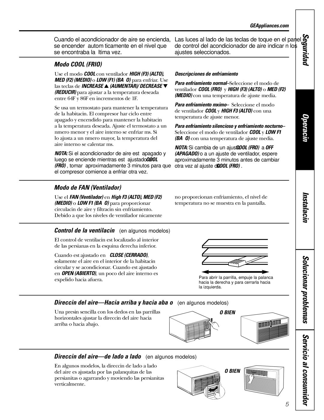 GE ASR05 Solucionar, Modo Cool Frio, Modo de FAN Ventilador, Dirección del aire-de lado a lado en algunos modelos 