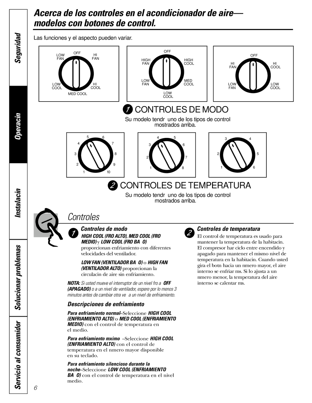 GE ASR05 Instalación Solucionar problemas, Servicio al consumidor, Controles de modo, Descripciones de enfriamiento 