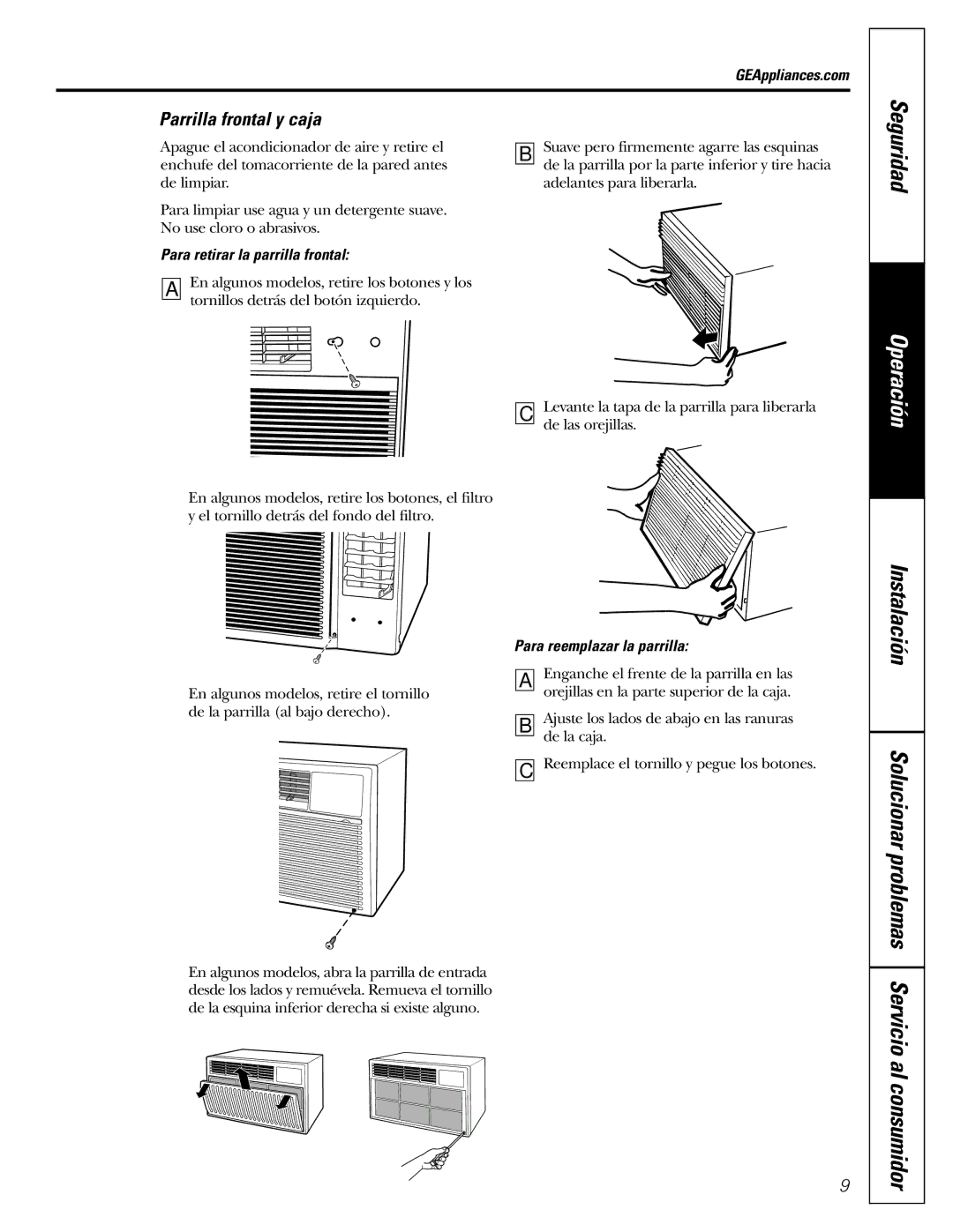 GE ASR05 installation instructions Parrilla frontal y caja, Para retirar la parrilla frontal, Para reemplazar la parrilla 