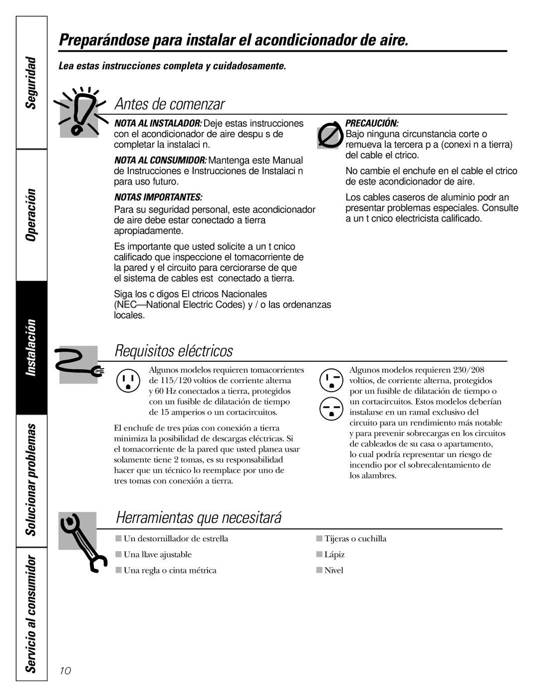 GE ASR05 installation instructions Preparándose para instalar el acondicionador de aire, Operación 