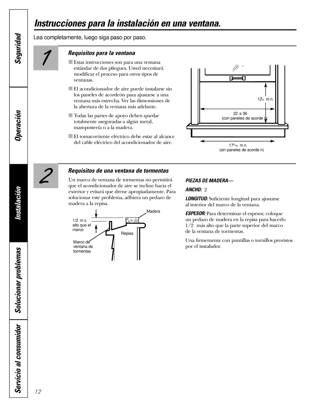 GE ASR05 installation instructions Seguridad Operación, Requisitos para la ventana 