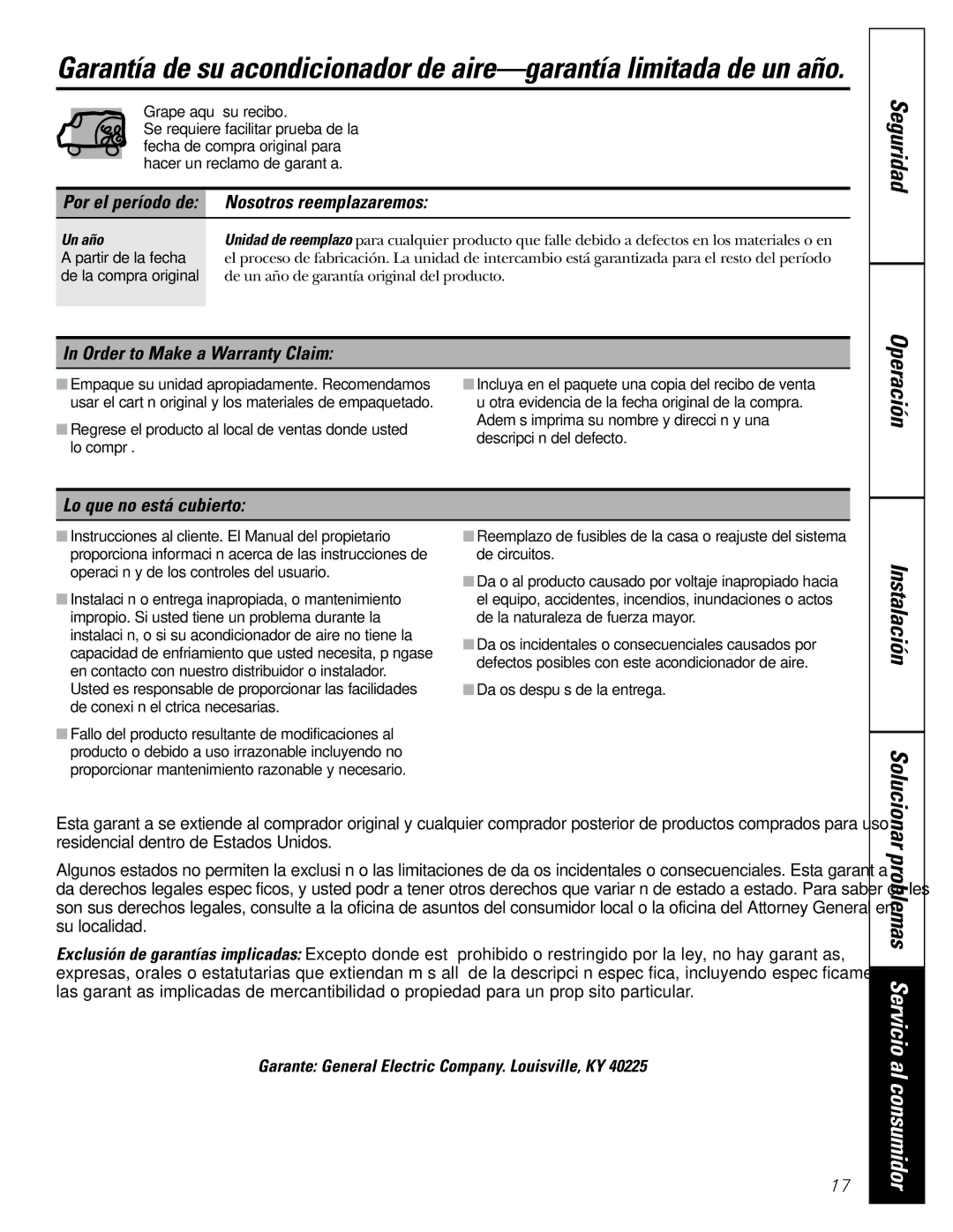 GE ASR05 installation instructions Nosotros reemplazaremos, Lo que no está cubierto, Un año 