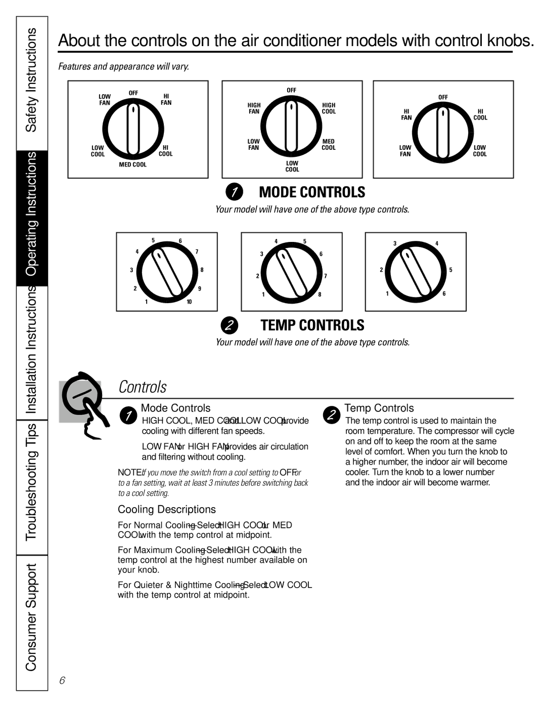 GE ASR05 installation instructions Instructions, Consumer Support, Mode Controls, Temp Controls, Cooling Descriptions 