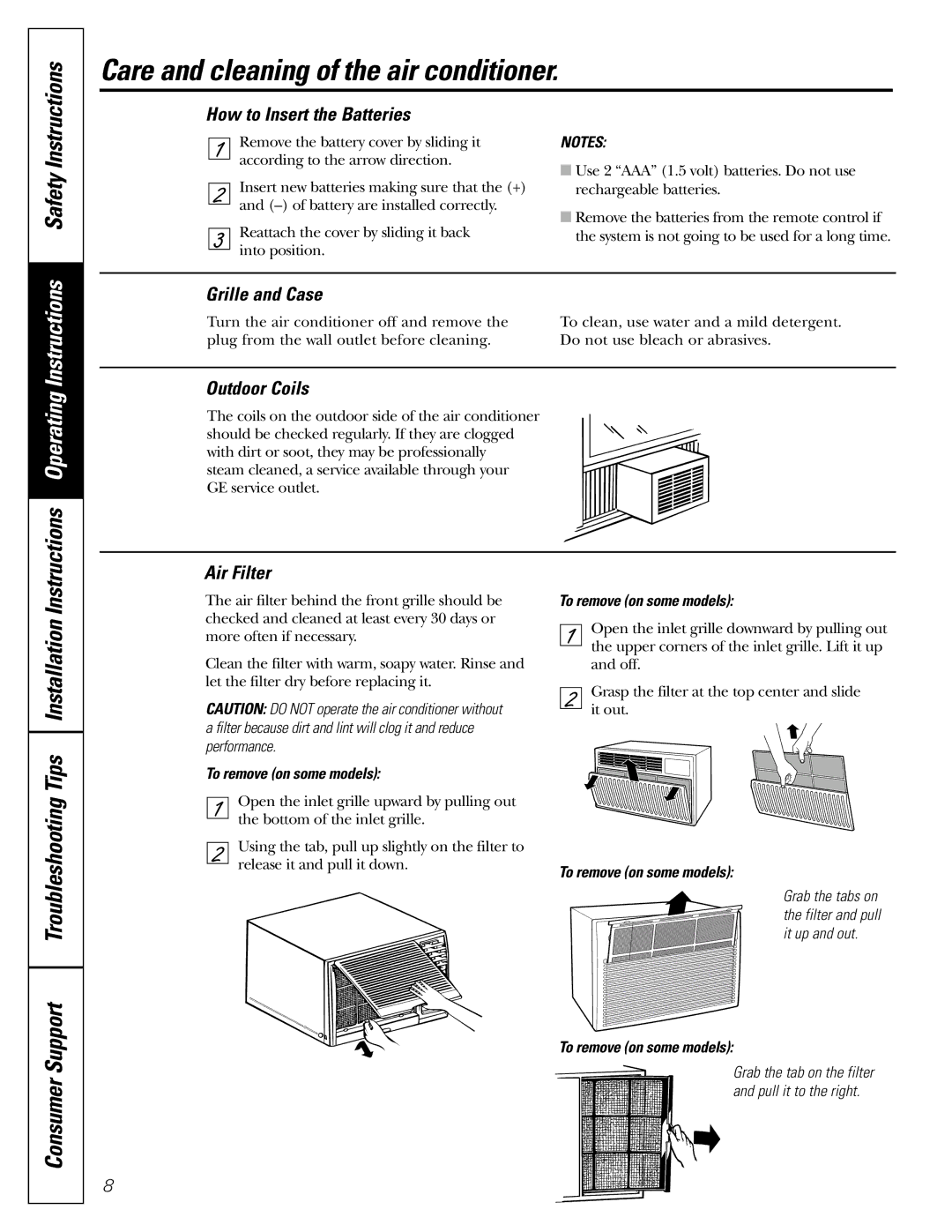 GE ASR05 Care and cleaning of the air conditioner, How to Insert the Batteries, Grille and Case, Outdoor Coils, Air Filter 