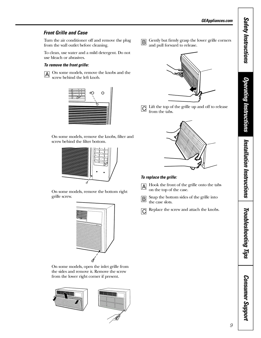 GE ASR05 installation instructions Front Grille and Case, To remove the front grille, To replace the grille 