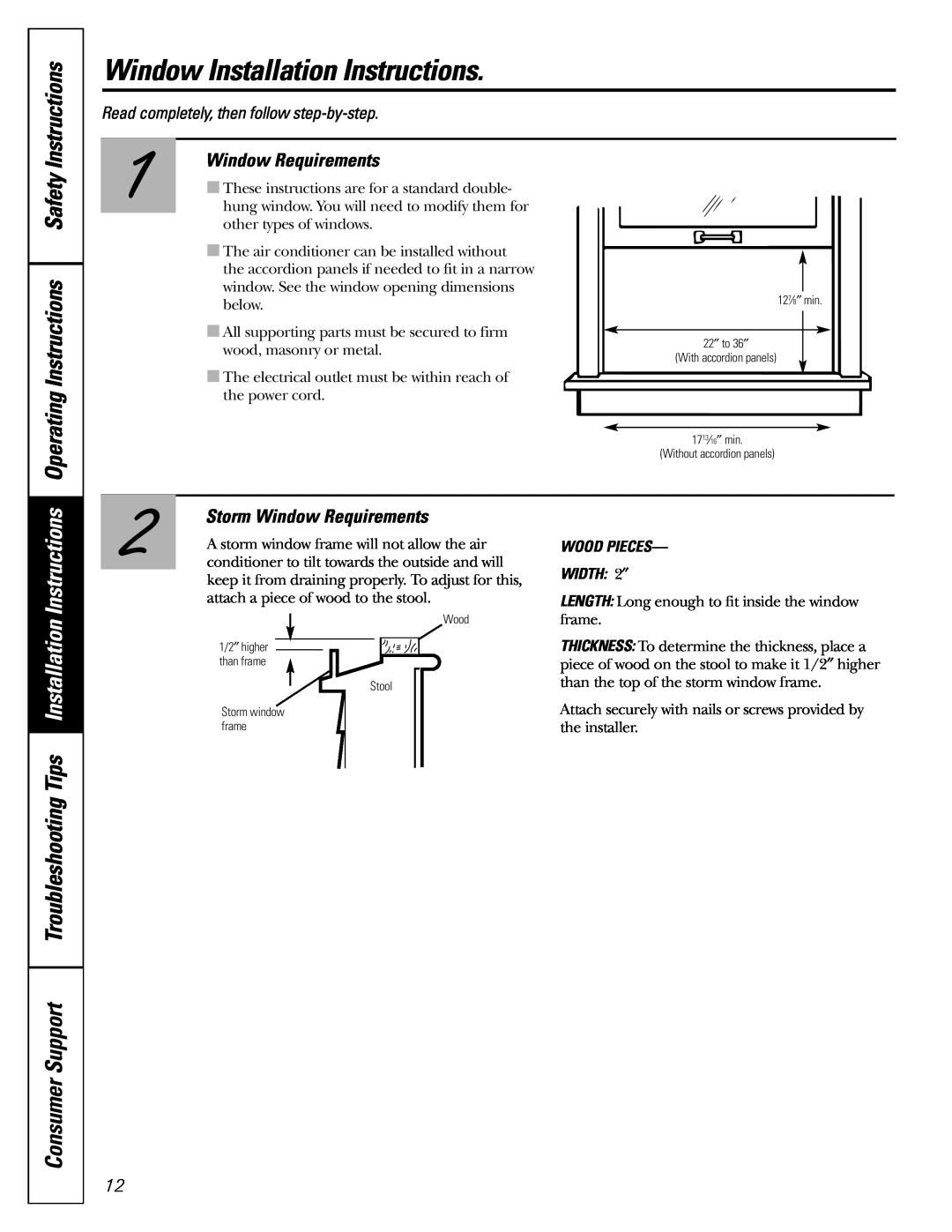 GE ASR05 Operating Instructions Safety, Window Installation Instructions, Storm Window Requirements 