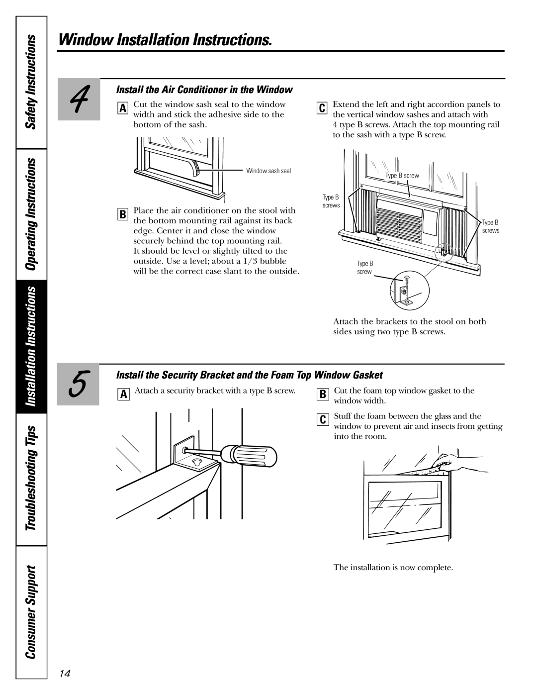 GE ASR05 Safety Instructions, Window Installation Instructions, Install the Air Conditioner in the Window 