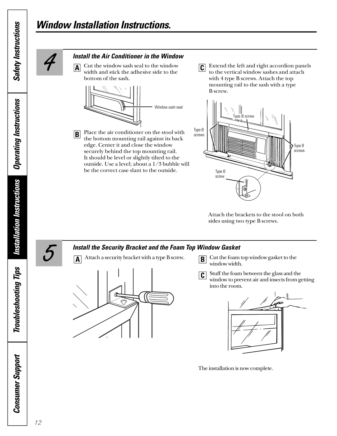 GE AST06, ASV05 Install the Air Conditioner in the Window, Install the Security Bracket and the Foam Top Window Gasket 