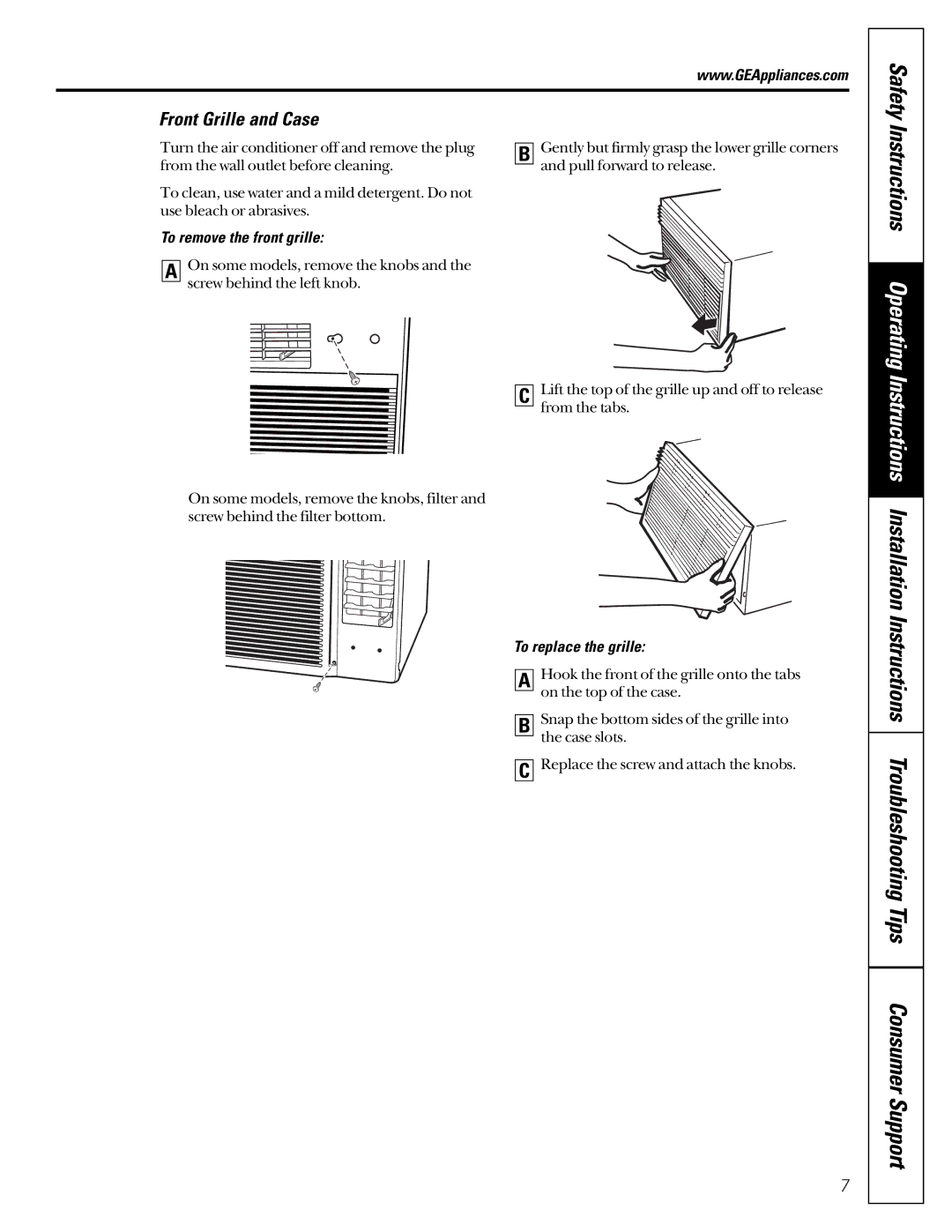 GE ASV05 Safety, Instructions Troubleshooting Tips Consumer Support, Front Grille and Case, To remove the front grille 