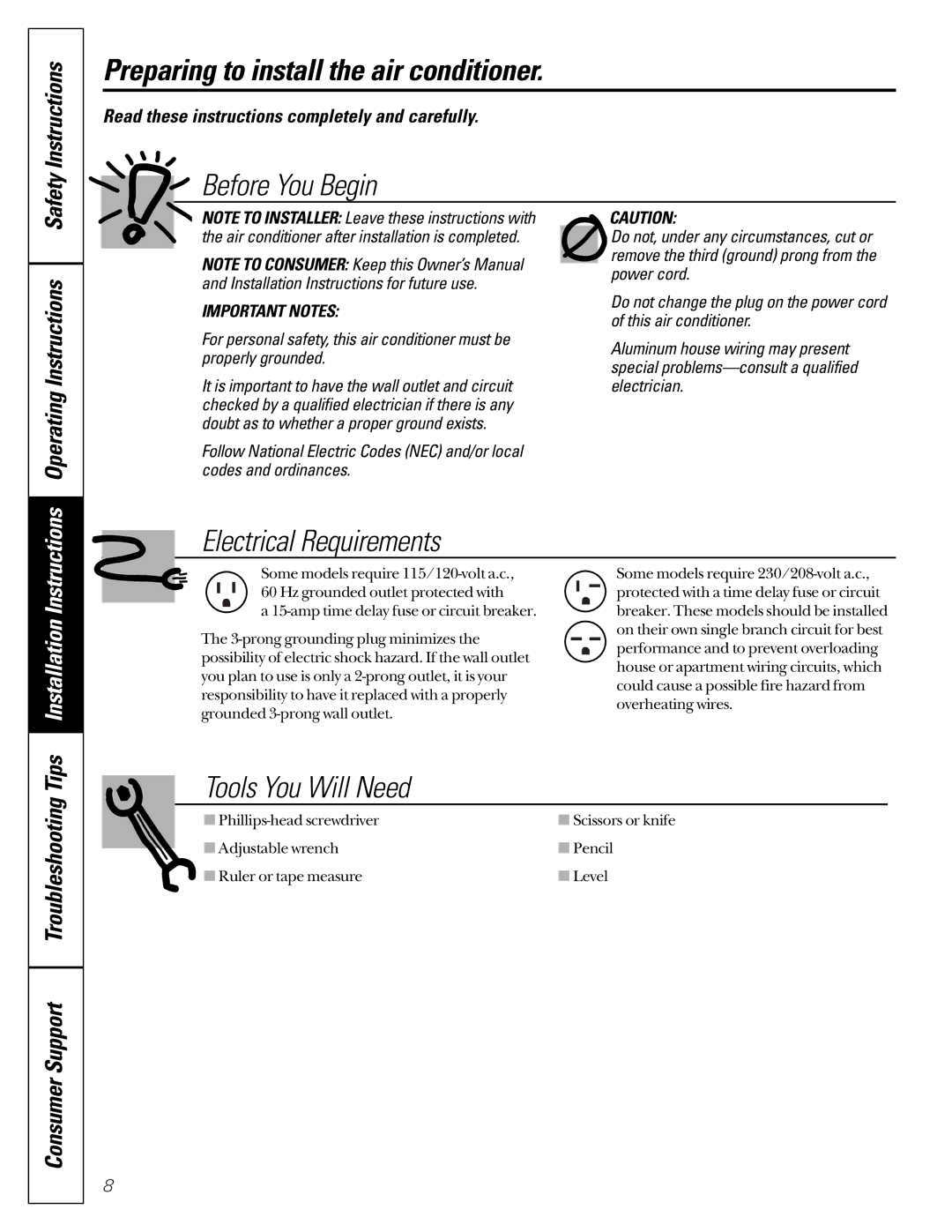 GE AST05, AST06, ASV05 Preparing to install the air conditioner, Safety Instructions, Operating Instructions 