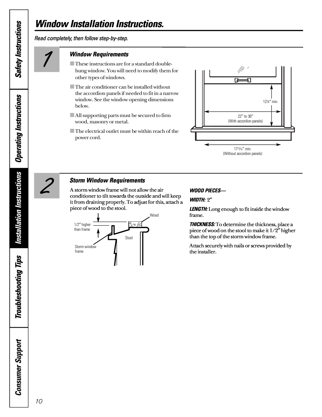 GE ASV05, AST06, AST05 Operating Instructions Safety, Storm Window Requirements, Window Installation Instructions 