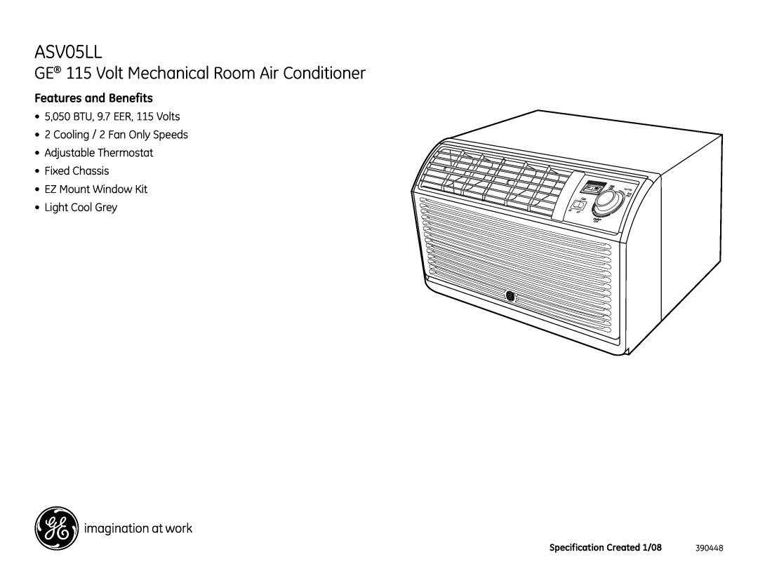 GE ASV05LL GE 115 Volt Mechanical Room Air Conditioner, Features and Benefits, 5,050 BTU, 9.7 EER, 115 Volts, 390448, High 