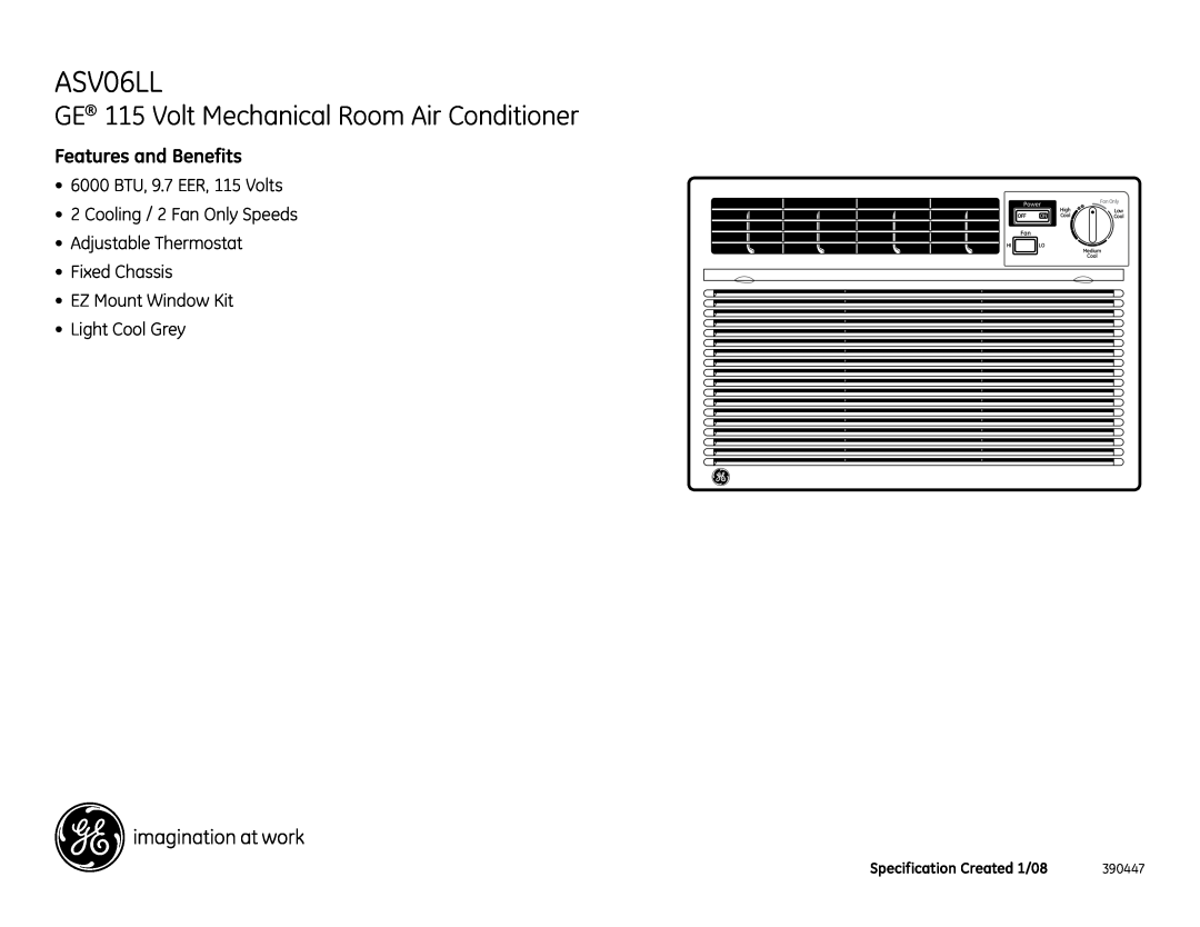 GE ASV06LL GE 115 Volt Mechanical Room Air Conditioner, Features and Benefits, 6000 BTU, 9.7 EER, 115 Volts, 390447, High 